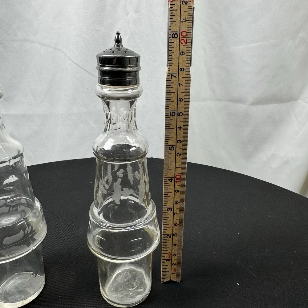 2 Vintage‎ Condiment Cruet Castor Set  Etched Glass